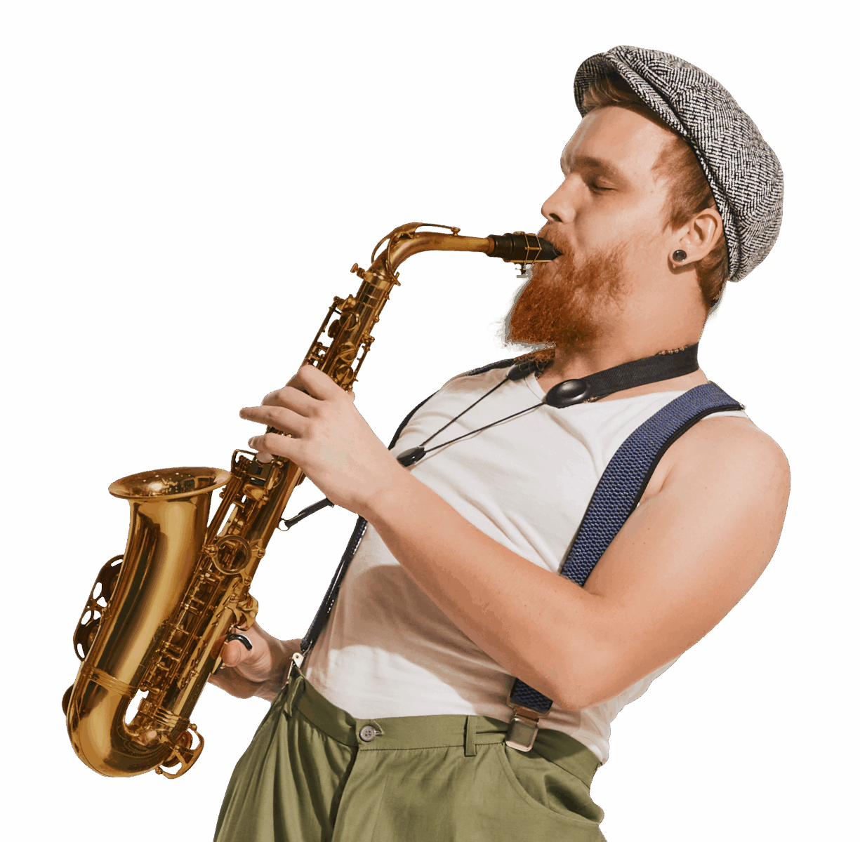 saxofoonspeler draagt in-ears van Hearingcoach.