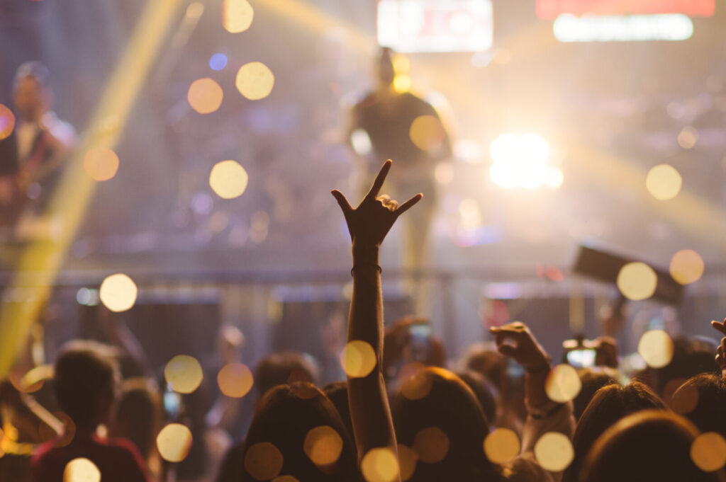 People at an concert, putting their hands up. They all wear custom made earplugs